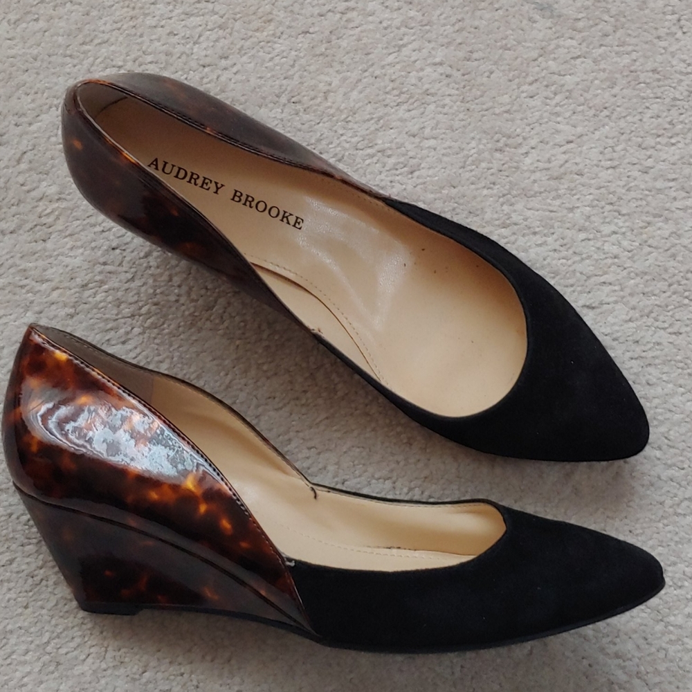 Audrey Brooke Dice Tortoise Suede Wedge Pump